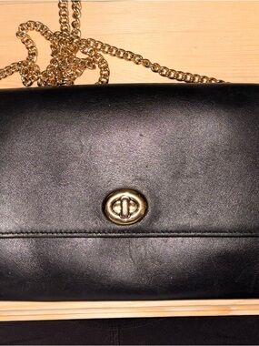 Coach Black Leather Crossbody with Gold Chain